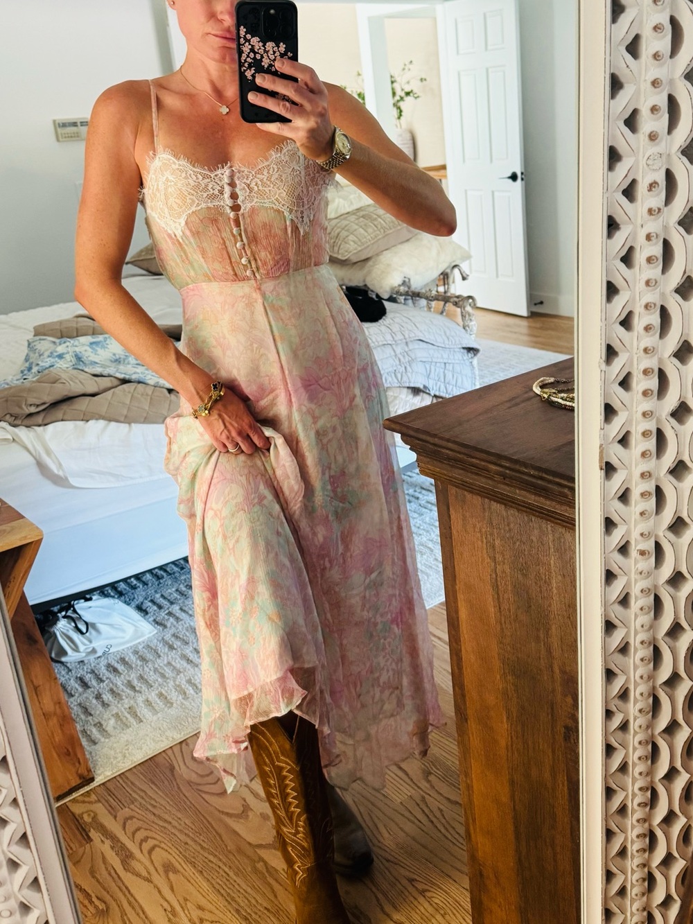 Love shack fancy Lace-Trim Pastel Floral Slip Dress - Pink/Cream